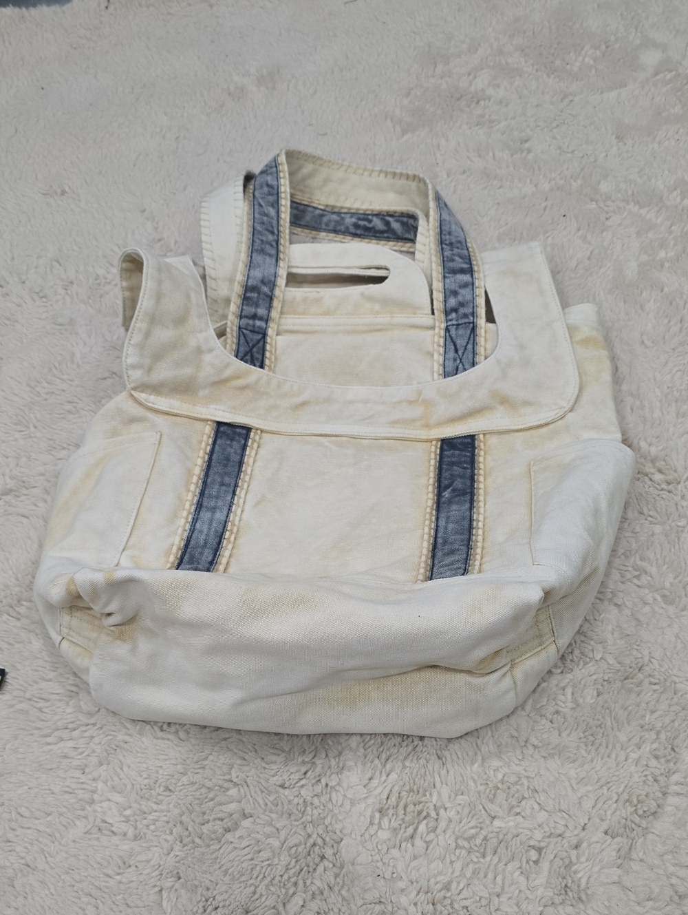 Free People Cream Canvas Tote with Blue Straps